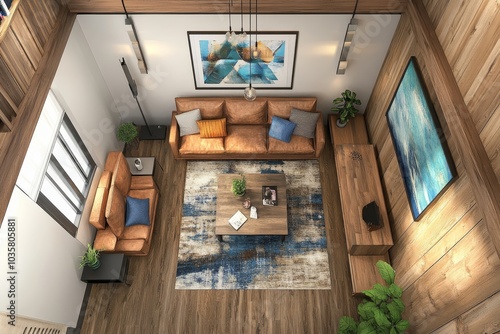 The top view of the spacious living room in the Nordic style, the brown sofa and log furniture, with the Nordic tone decoration and abstract paintings, appear fashion and modern.