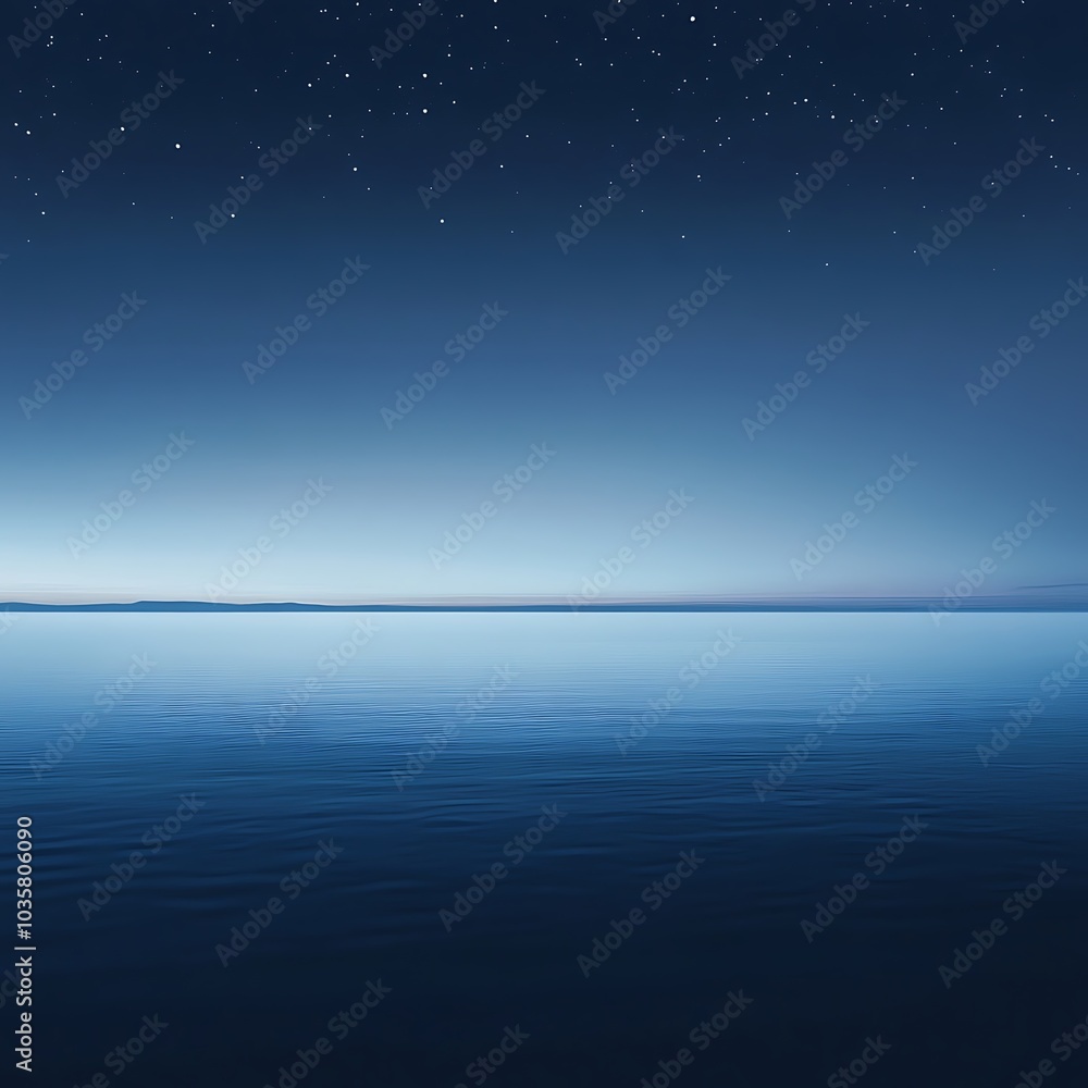 Fototapeta premium A serene night scene over calm waters, reflecting stars and a gradient sky.