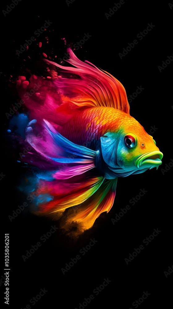 A vibrant fish against a black backdrop, sporting a paint splatter on its head side A vibrant fish against a black backdrop, sporting a paint splatter on its head side
