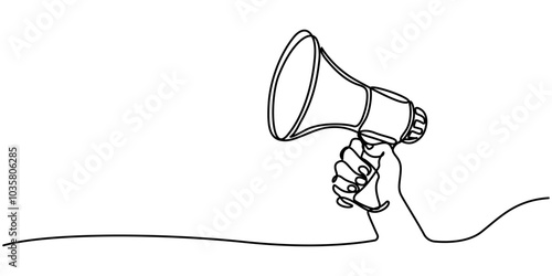 Continuous line drawing Holding by hand  megaphone Speaker Single Line Icon vector illustrations, One line hand with megaphone. Person hold loudspeaker in continuous lines style. Symbol of sale