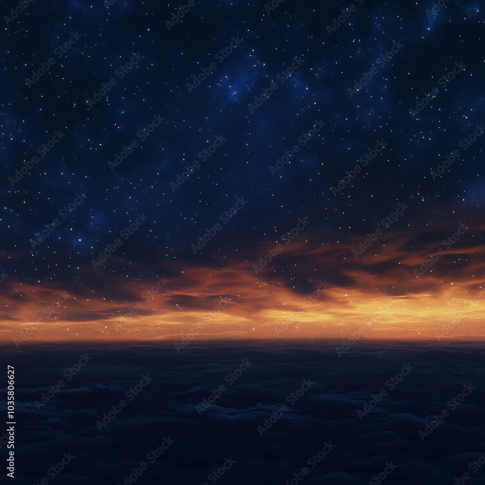 Naklejka premium A serene twilight sky filled with stars and vibrant clouds at sunset.