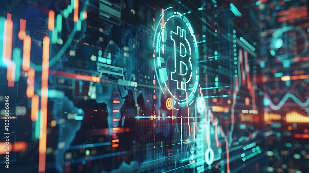 A digital representation of cryptocurrency, featuring Bitcoin symbols and data visualizations. A digital representation of cryptocurrency, featuring Bitcoin symbols and data visualizations.