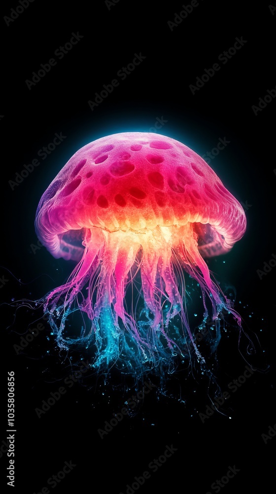 Naklejka premium A tight shot of a solitary jellyfish against a black backdrop In the frame's center, two jellyfish overlap, one hued red, the other blue