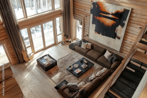 The top view of the spacious living room in the Nordic style, the brown sofa and log furniture, with the Nordic tone decoration and abstract paintings, appear fashion and modern.