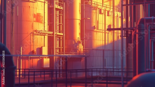 An industrial landscape at sunset, with the warm light casting long shadows across the complex towering structures