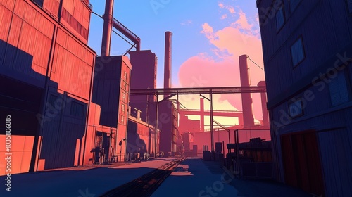 An industrial landscape at sunset, with the warm light casting long shadows across the complex towering structures