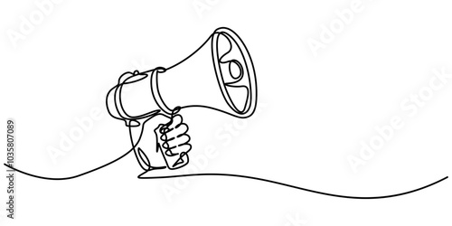 Continuous line drawing Holding by hand  megaphone Speaker Single Line Icon vector illustrations, One line hand with megaphone. Person hold loudspeaker in continuous lines style. Symbol of sale