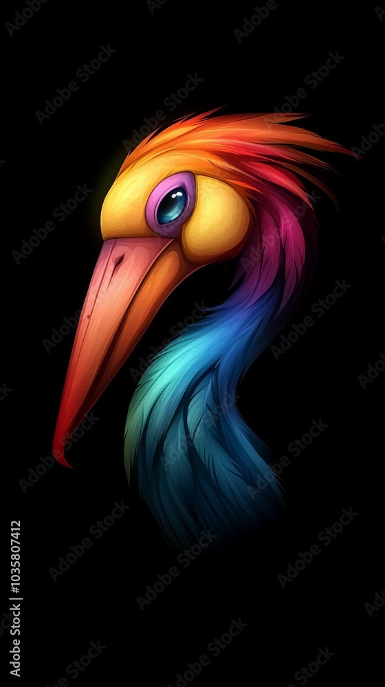 Obraz premium A vibrant bird's head against a black backdrop, sporting a beak painted blue, yellow, red, and orange
