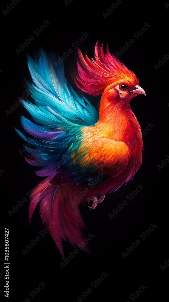 Fototapeta premium A vibrant bird against a black backdrop, its colorful form mirrored in the shadow behind