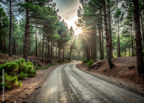 Scenic Pine Forest Dirt Road Winding Through Rugged Wilderness Landscape