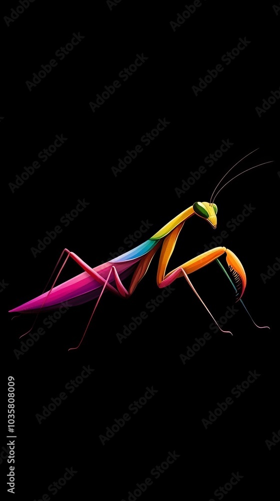 Fototapeta premium A close-up of a multicolored praying mantis against a black background