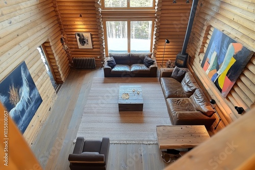 The top view of the spacious living room in the Nordic style, the brown sofa and log furniture, with the Nordic tone decoration and abstract paintings, appear fashion and modern.