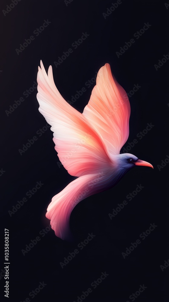 A pink-and-white bird flies, wings splayed, head turned aside A pink-and-white bird flies, wings splayed, head turned aside