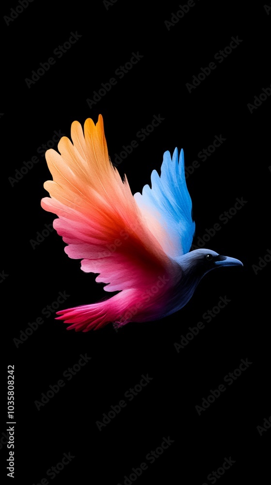 A multicolored bird flies in the air with wide-spread wings A multicolored bird flies in the air with wide-spread wings