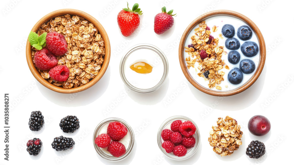 Delicious Bowls of Granola and Yogurt Topped With Fresh Berries Generative AI Delicious Bowls of Granola and Yogurt Topped With Fresh Berries Generative AI