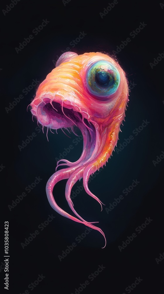 A jellyfish painting features an ebullient orb as its central eye against a jet-black backdrop A jellyfish painting features an ebullient orb as its central eye against a jet-black backdrop