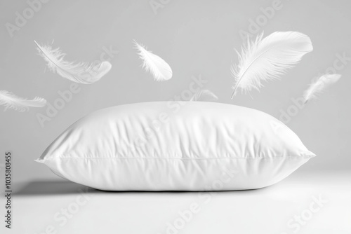 White feather pillows on a grey background, creating a soft and inviting atmosphere. photo