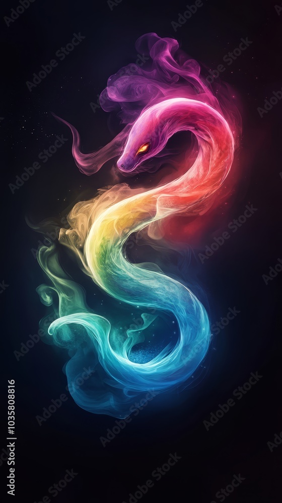 Obraz premium Colorful smoke forms a serpent shape against a black backdrop, its tail featuring red, yellow, and blue hues