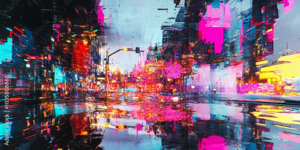 Obraz premium Neon city reflected in water.