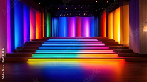 Brightly colored room interior with illuminated steps leading to a stage, evoking a lively, modern ambiance