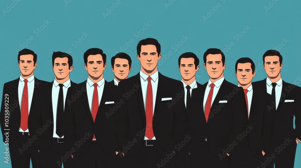 Businessmen in suits and ties, gathered in a formal setting, representing leadership and corporate teamwork Businessmen in suits and ties, gathered in a formal setting, representing leadership and corporate teamwork