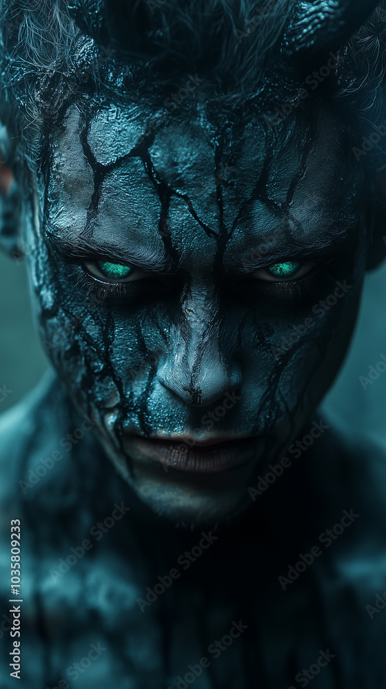 man with warrior skeleton makeup featuring horns for Halloween. Banner with copy space man with warrior skeleton makeup featuring horns for Halloween. Banner with copy space