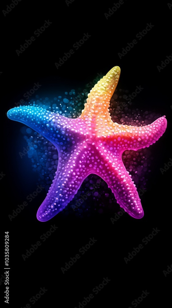 A starfish in vibrant hues against a black backdrop A smaller starfish, half blue and half pink, lies adjacent on the right side A starfish in vibrant hues against a black backdrop A smaller starfish, half blue and half pink, lies adjacent on the right side