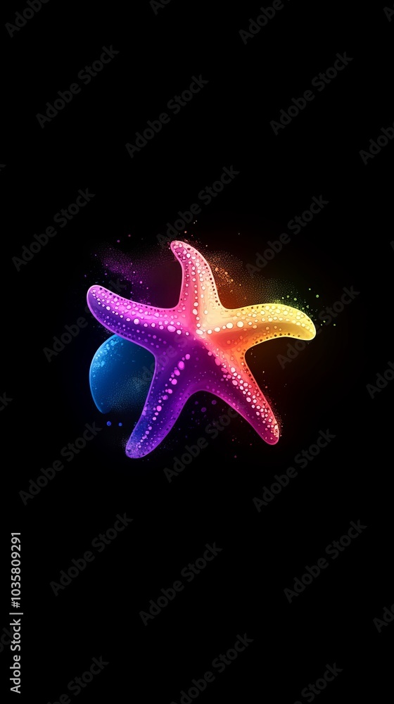 Starfish against black backdrop; one in center, another encircled by a blue orb Starfish against black backdrop; one in center, another encircled by a blue orb