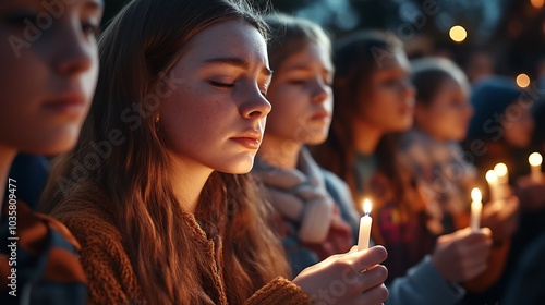 A group of people holding candles in their hands, surrounded by an atmosphere of deep sorrow and grief. The crowd is solemnly praying, with their faces displaying serious and somber expressions.