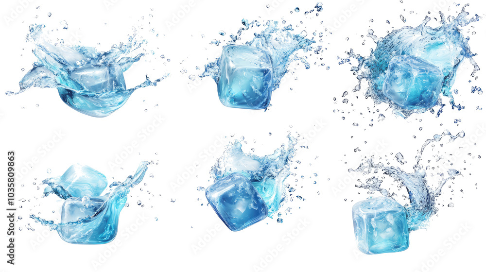 Different Ice Cubes Splashing in Water on a Transparent Background Generative AI Different Ice Cubes Splashing in Water on a Transparent Background Generative AI