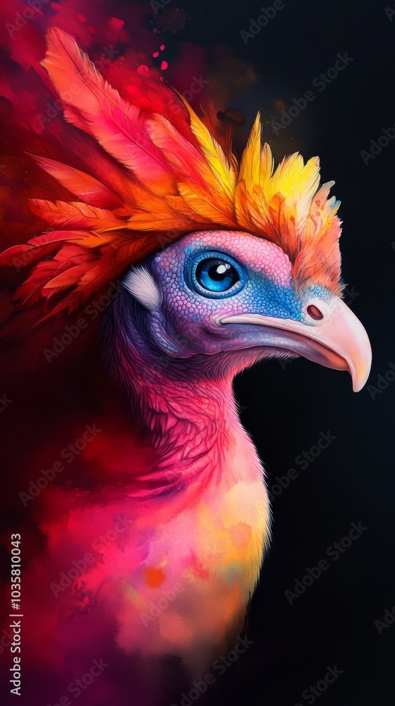 A tight shot of a bird wearing a vibrant headpiece against a dark backdrop A tight shot of a bird wearing a vibrant headpiece against a dark backdrop