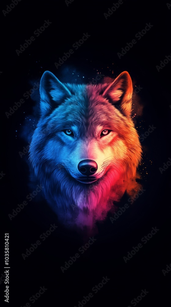 Naklejka premium A tight shot of a wolf's expressive face against a backdrop of shifting blues, reds, and yellows