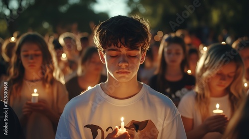 A group of people holding candles in their hands, surrounded by an atmosphere of deep sorrow and grief. The crowd is solemnly praying, with their faces displaying serious and somber expressions.