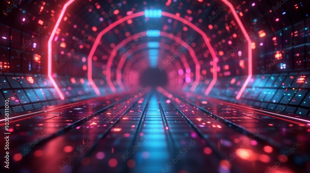 Futuristic Neon Tunnel with Glowing Lights and Digital Patterns - Sci-Fi Background Futuristic Neon Tunnel with Glowing Lights and Digital Patterns - Sci-Fi Background