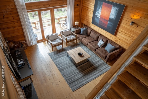 The top view of the spacious living room in the Nordic style, the brown sofa and log furniture, with the Nordic tone decoration and abstract paintings, appear fashion and modern.