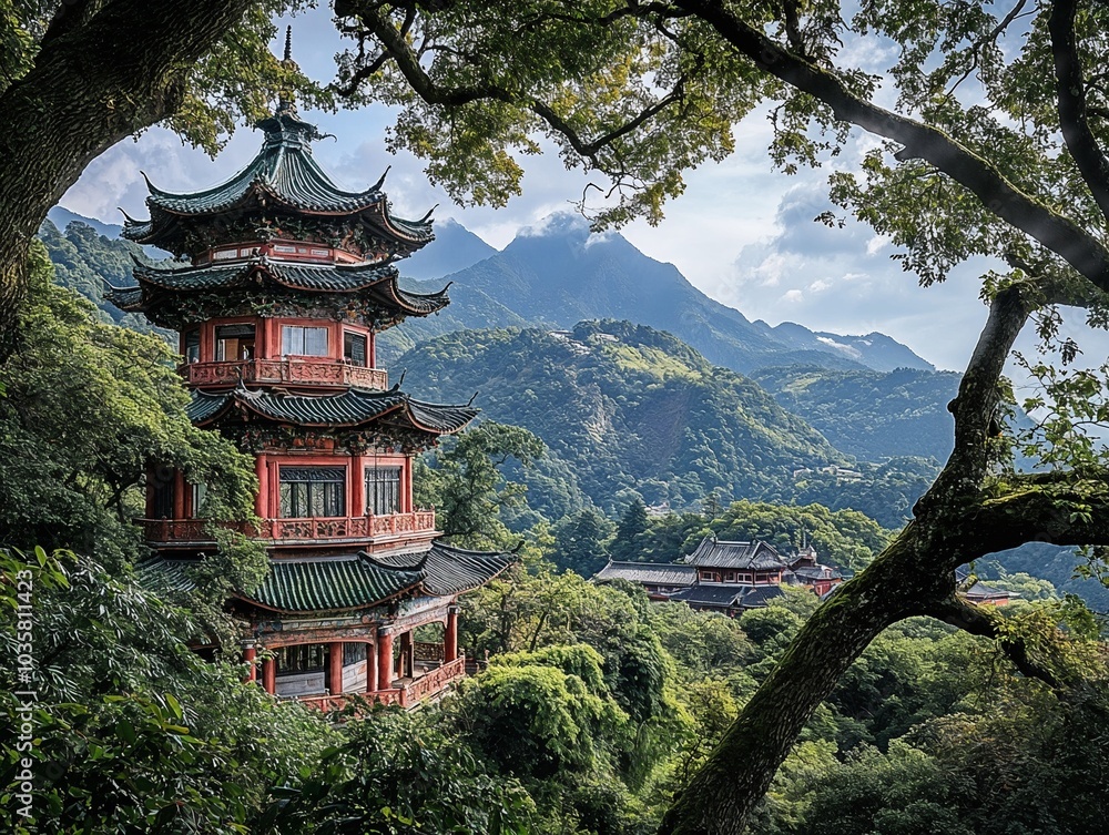 Stunning view of a traditional Chinese pagoda nestled among lush mountains and greenery
Stunning view of a traditional Chinese pagoda nestled among lush mountains and greenery
