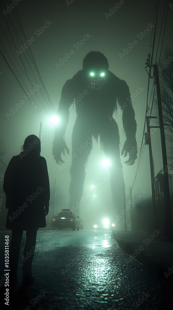 Mysterious Creature Looms in Foggy Urban Night Mysterious Creature Looms in Foggy Urban Night