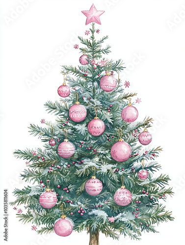 Christmas tree with pink Christmas ornaments and stars on the top, watercolor illustration clipart, white background

