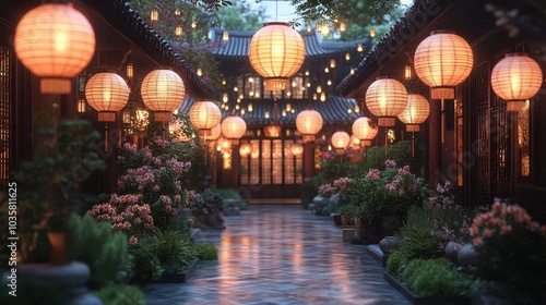 Wallpaper Mural serene temple garden during the vegetarian festival in east asia adorned with lanterns and floral arrangements radiating a meditative ambiance of cultural tradition and spiritual reflection Torontodigital.ca