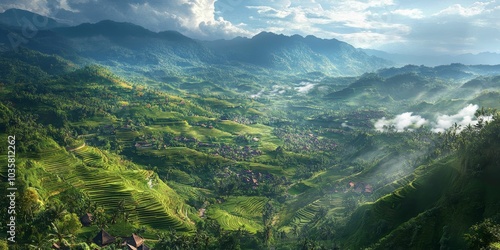 Green rice terraces in misty mountain valley.