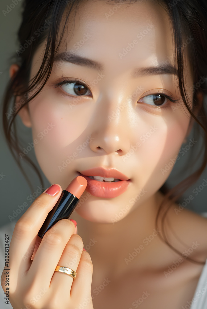Young women is applying lipstick on her lips Young women is applying lipstick on her lips