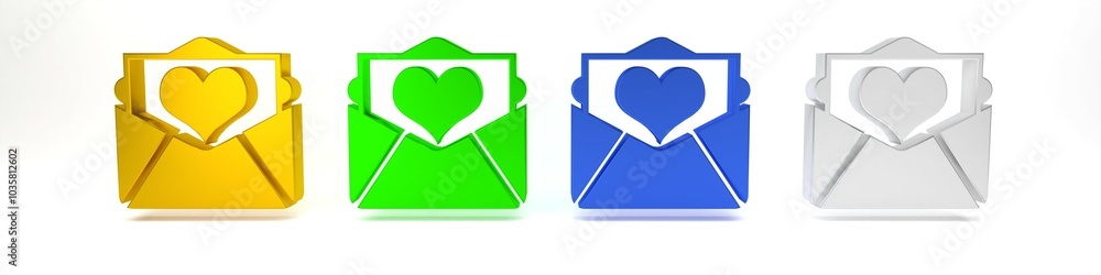 Colorful Envelope with Valentine heart icon isolated on white background. Letter love and romance. Minimalism concept. 3D render illustration Colorful Envelope with Valentine heart icon isolated on white background. Letter love and romance. Minimalism concept. 3D render illustration