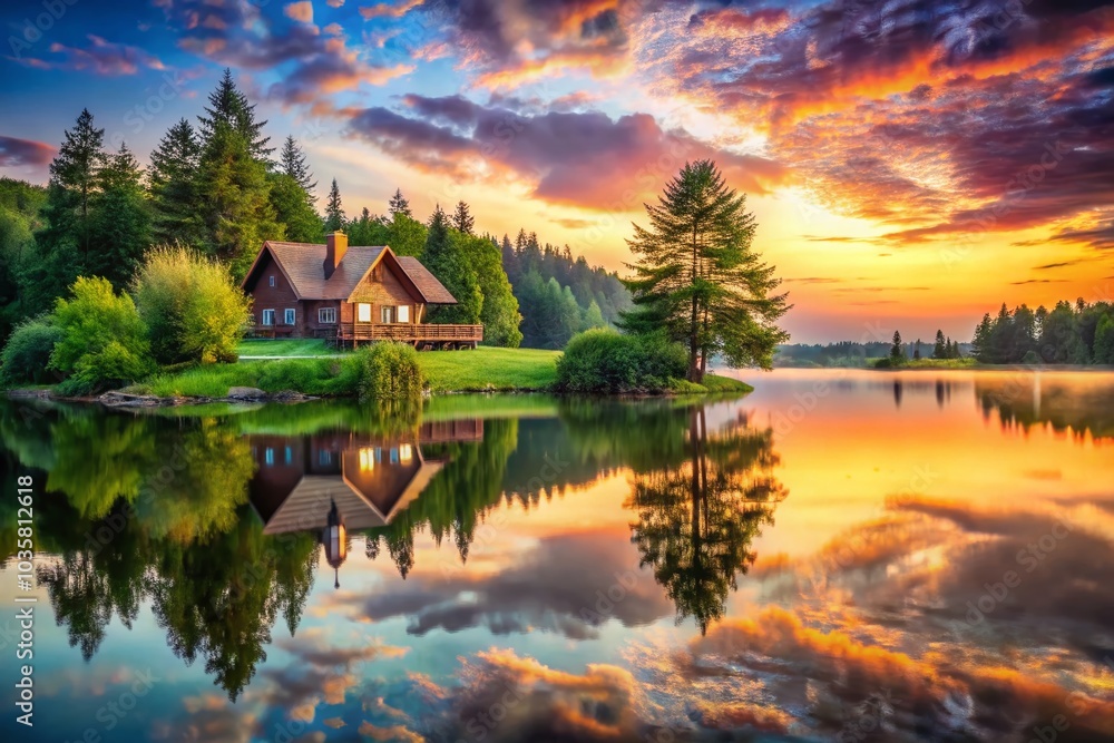 Serene House by the Lake in a Tranquil Natural Landscape - Double Exposure Photography Serene House by the Lake in a Tranquil Natural Landscape - Double Exposure Photography