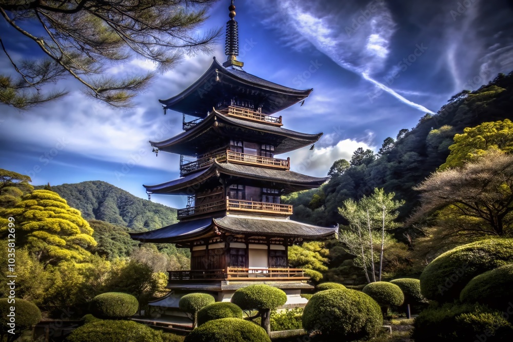 Serene Japanese Pagoda in Minimalist Style - Tranquil Nature Photography Serene Japanese Pagoda in Minimalist Style - Tranquil Nature Photography