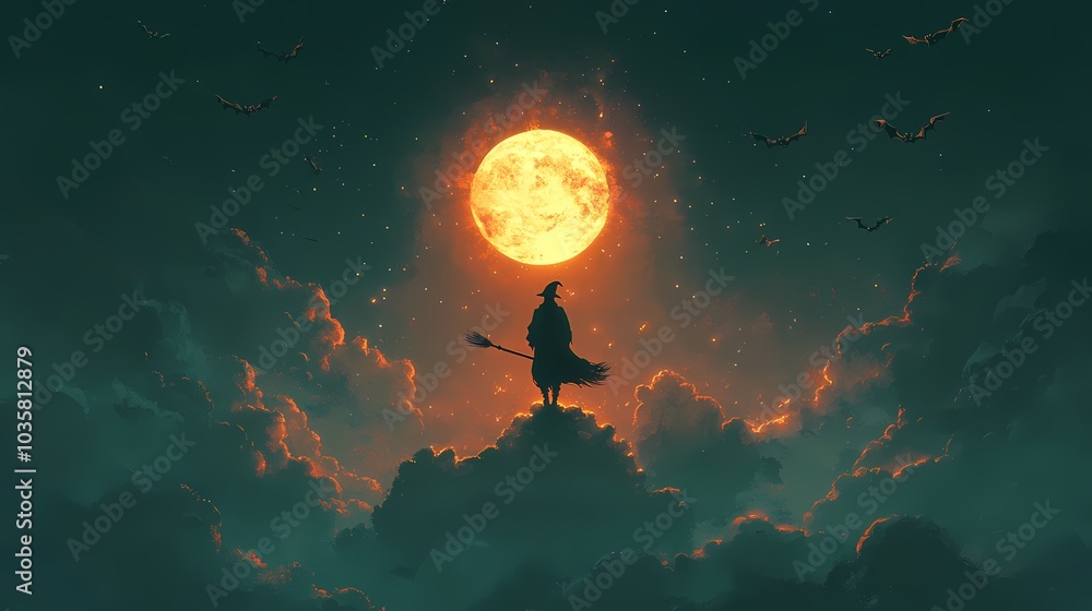 Silhouetted witch flying through the night sky beneath a full moon. Silhouetted witch flying through the night sky beneath a full moon.