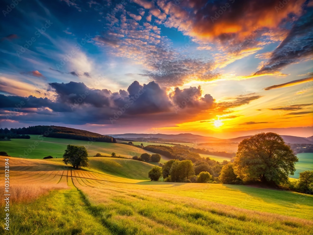 Obraz premium Serene Landscape View of a Field at Sunset with Vibrant Colors and Expansive Sky for Tranquil Nature Scenes