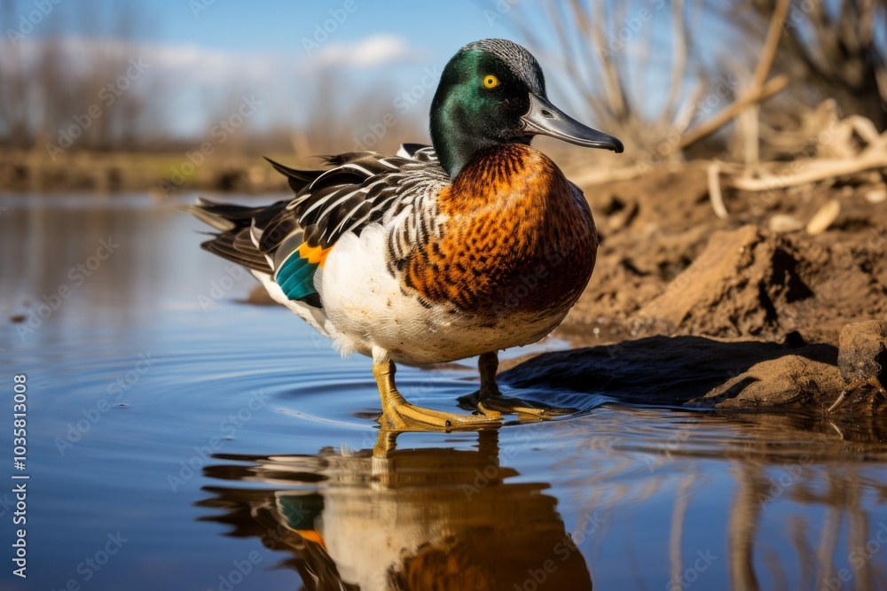 Fototapeta premium Northern shoveler. Bird in breeding plumage. Spatula clypeata,ai generated