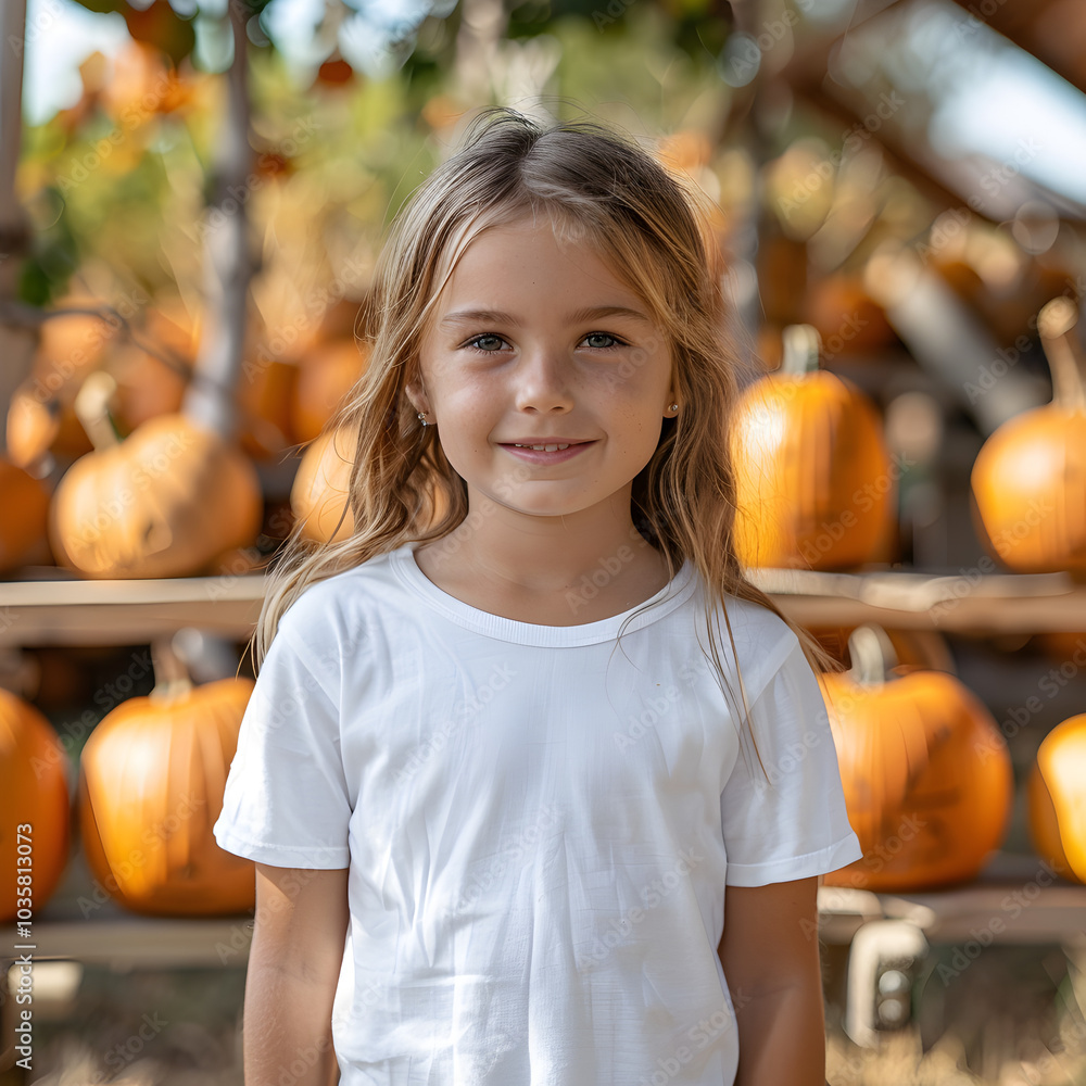 Fototapeta premium A young girl wearing a white t-shirt, smiling in front of an autumn pumpkin display, enjoying a fun seasonal day surrounded by fall decorations