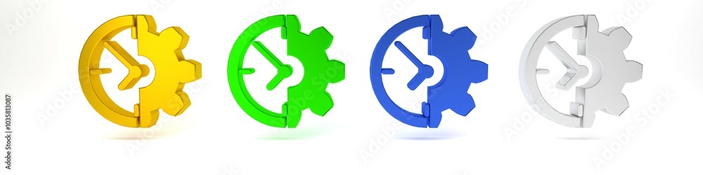 Colorful Clock and gear icon isolated on white background. Time Management symbol. Business concept. Minimalism concept. 3D render illustration Colorful Clock and gear icon isolated on white background. Time Management symbol. Business concept. Minimalism concept. 3D render illustration