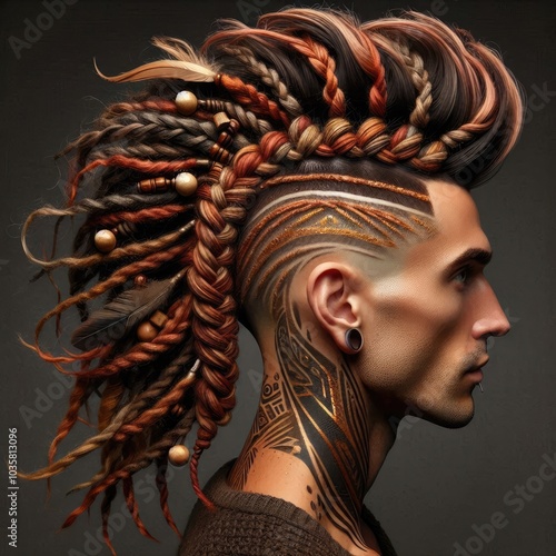 Bold faux hawk hairstyle with shaved tribal patterns, textured twists dyed in earth tones of ochre, terracotta, and deep burgundy, adorned with wooden beads, feathers, and gold metallic tattoos photo